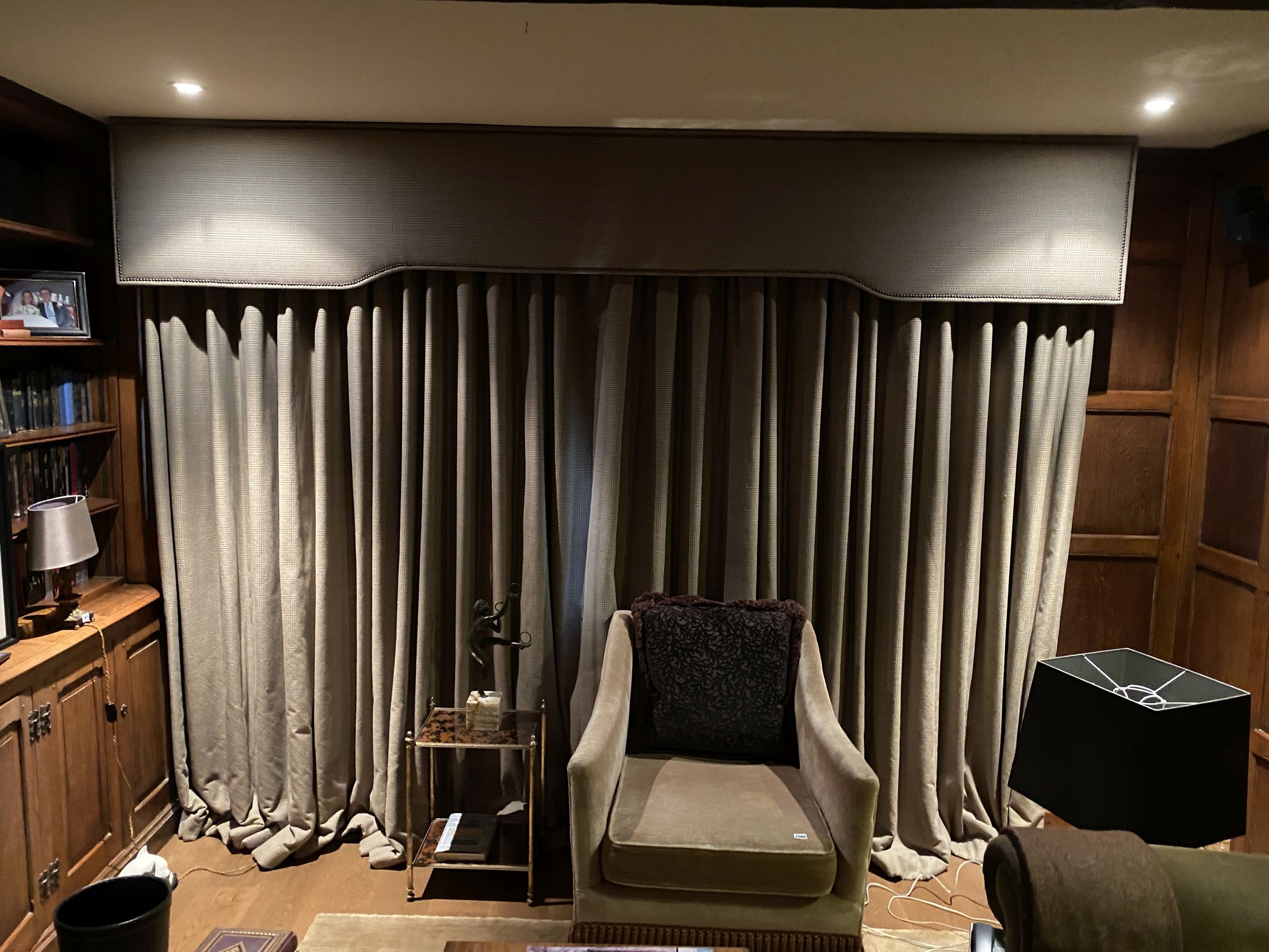 A pair of Ralph Lauren tweed fabric curtains and pelmet, drop 230cm width made to generously made to fit an aperture of 3m